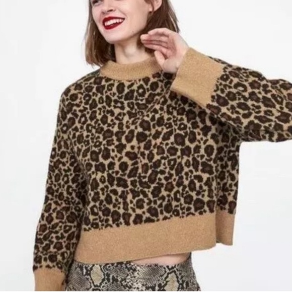 Zara Knit Oversized Cropped Sweater SM leopard Chunky - Picture 1 of 7